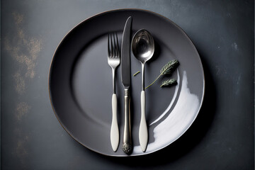 An empty plate and cutlery on a gray table