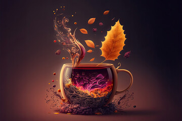 Autumn hot steaming cup of coffee or tea 