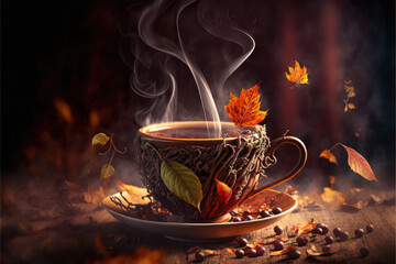 Hot steaming cup of coffee, tea