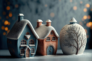 Ceramic figurines of houses in the snow