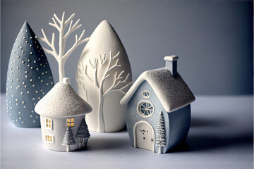 Ceramic figurines of houses in the snow