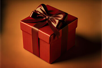 Gift boxe with brown bow on a red backdrop