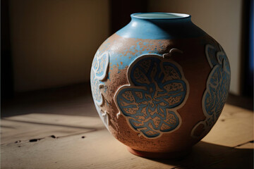 Handmade brown clay vase with an abstract blue pattern