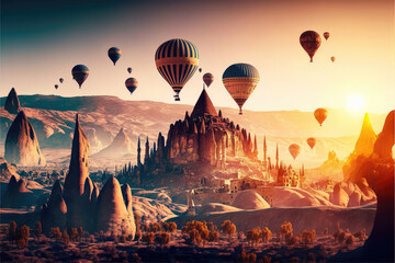 Hot air balloons flying above Göreme, Cappadocia (Kapadokya) Anatolia, Turkey at sunrise.