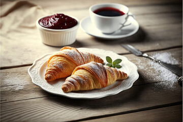 Plate with fresh croissants, jam and coffee on white wooden table