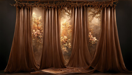 Background stage with curtains in a decorated pattern of nature elements
