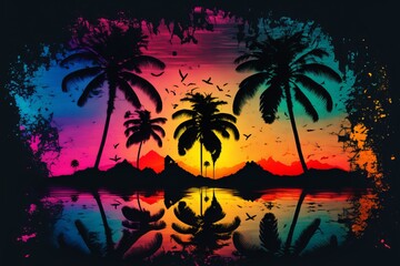 Fototapeta na wymiar Colorful painting of a calm tropical beach where the golden hour has just arrived to fill the sky with magic rainbow colors. Coastal design inspired by the island Bora Bora. Generative Ai Postproduced