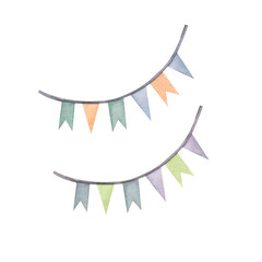 Colorful garland watercolor illustration. Hand drawn isolated on white background. Template for your design, Birthday cards, postcards, children's room.