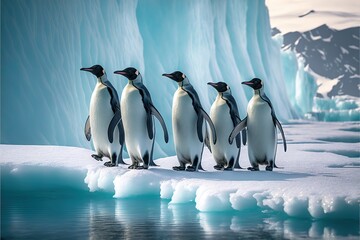 Obraz premium a group of penguins standing on an iceberg next to a body of water with icebergs in the background and snow covered mountains in the background. generative ai