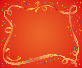 Carnival frame illustration, red background, colorful confetti and serpentine
