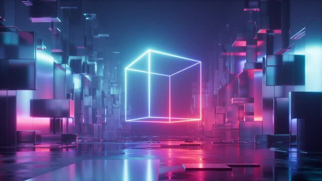3d render, abstract red blue neon background. Glowing linear holographic cube flies along the endless urban street at night. Digital futuristic wallpaper