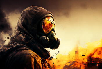 Gas mask on man during explosion. Chemical weapons against civil, destruction of houses and buildings. nuclear war concept. Nuclear explosion as a  radioactivity result of world military conflict. AI  - obrazy, fototapety, plakaty