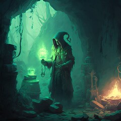 Obraz premium eldritch cultist in a cave with an altar, green lighting, foggyhd-enhance