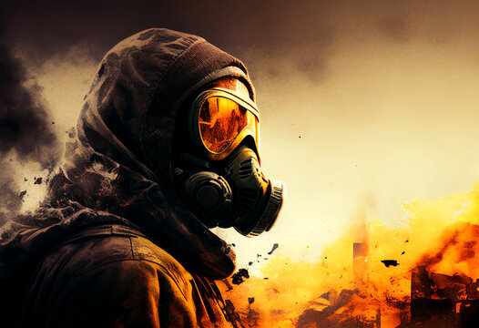 Gas mask on man during explosion. Chemical weapons against civil, destruction of houses and buildings. nuclear war concept. Nuclear explosion as a  radioactivity result of world military conflict. AI 