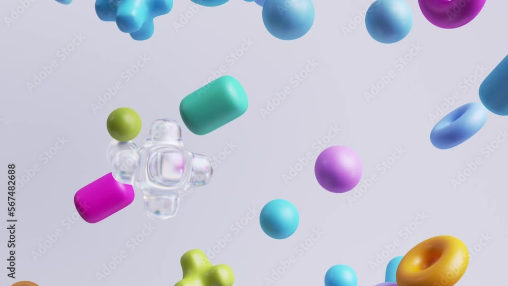 Aufkleber looping 3d animation, seamless abstract background with assorted colorful geometric shapes endlessly