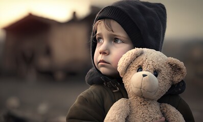 a boy holding his teddy bear with destructive civilian area during war time, sorrow scenery of war victims, idea for support children's right , especially Ukrainian,  Generative Ai
