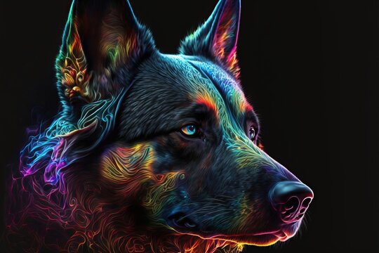Portrait of German Sherpard with neon rainbow colors. Dog painting for poster and wall paper. Post produced Ai generative illustration 