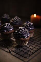 Dark chocolate cupcakes on black oven rack