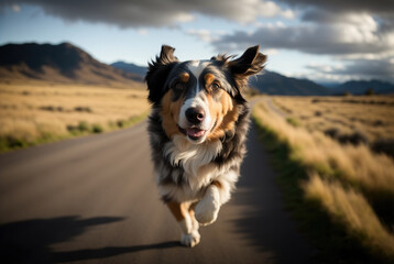 Fototapeta na wymiar An Australian Shepherd Dog running down a road with a bright cloudy sky background. Generative AI