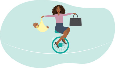 Choice or balance between work and motherhood, businesswoman on monocycle balance herself with baby and briefcase