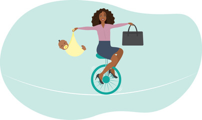 Choice or balance between work and motherhood, businesswoman on monocycle balance herself with baby and briefcase © MMV