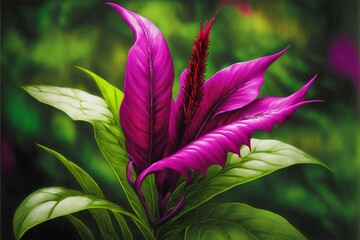  a painting of a purple flower with green leaves on a green and purple background with a black border around the edges of the image and the image.  generative ai