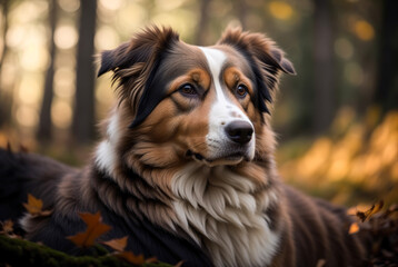 An Australian Shepherd sits in a serene, peaceful forest. Generative AI