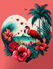 Fototapeta na wymiar tropical island heart with palm trees and flowers and flamingo, valentine day card, tropical card, generative ai