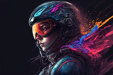 Colourful Abstract Female Racing Driver with Helmet - Paint Splashes Rainbow Neon Colours for Wallpaper or Poster - Generative Ai Illustration