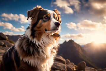 Fototapeta na wymiar A majestic Australian Shepherd stands on a rocky outcropping, gazing off into the distance, with mountains in the background. Generative AI.