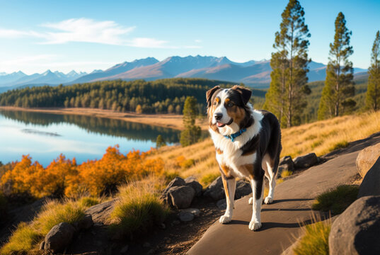 An Australian Shepherd Dog standing on a narrow path next to a lake and forest with a mountain in the background. Generative AI
