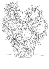 Sunflowers flowers in a vase antistress coloring book for kids. Black and white hand drawn illustration isolated on white background. Vintage bouquet