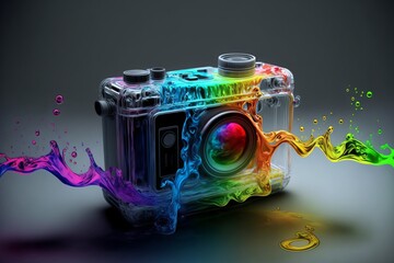 Minimalist Abstract Vintage Photo Camera Poster and Wallpaper. Paint Splashes in Rainbow Neon colours for artistic graphic design effect with backdrop. Ai generative illustration 