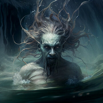 Pale Underwater Water Spirit Merman Blue Ghoulish Aquatic Malevolent DND Water Character Generative AI Tools Technology illustration