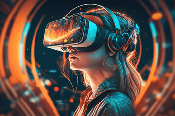 young Woman with VR Glasses in a virtual room,concept of technology