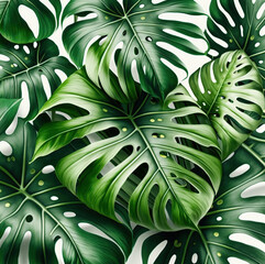 Seamless pattern with monstera leaves. Tropical leaves background. Generative AI.