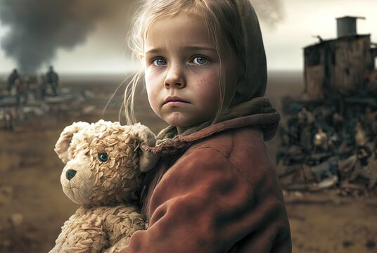 a girl holding her teddy bear with destructive civilian area during war time, sorrow scenery of war victims, idea for support children's right , especially Ukrainian,  Generative Ai