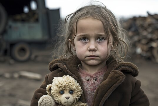  a girl holding his teddy bear with destructive civilian area during war time, sorrow scenery of war victims, idea for support children's right , especially Ukrainian, Generative Ai