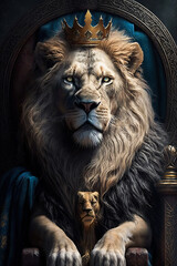 Portrait of the Lion King sitting on a crowned throne, generative ai