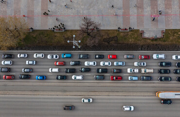 aerial drone flight top down view of freeway busy city rush hour heavy traffic jam highway. Aerial view of the vehicular intersection, traffic at peak hour with cars on the road,