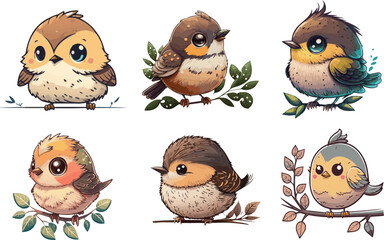 Set of Cute Cartoon Birds for children. Vector Illustration Collections