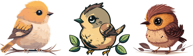 Set of Cute Cartoon Birds for children. Vector Illustration Collections