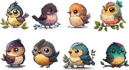 Set of Cute Cartoon Birds for children. Vector Illustration Collections