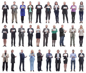 Fototapeta premium group of people demonstrating tablet looking at camera