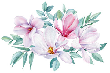 Flowers set with magnolia flowers and eucalyptus leaves. Floral Isolated elements. Watercolor Botanical illustration