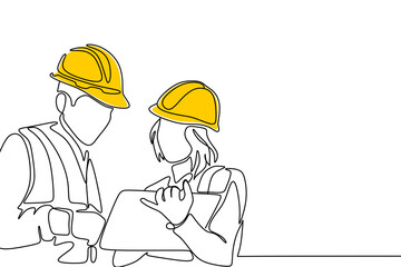 Single continuous line drawing of young construction manager giving instruction to builder coordinator at site meeting. Building architecture business concept. One line draw design vector - obrazy, fototapety, plakaty