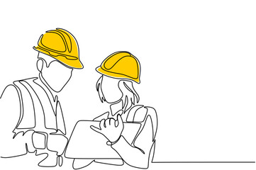 Single continuous line drawing of young construction manager giving instruction to builder coordinator at site meeting. Building architecture business concept. One line draw design vector