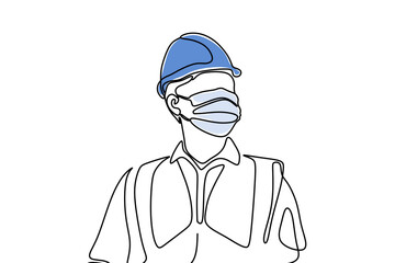 Single continuous line drawing of young construction worker. Building architecture business concept. One line draw design vector