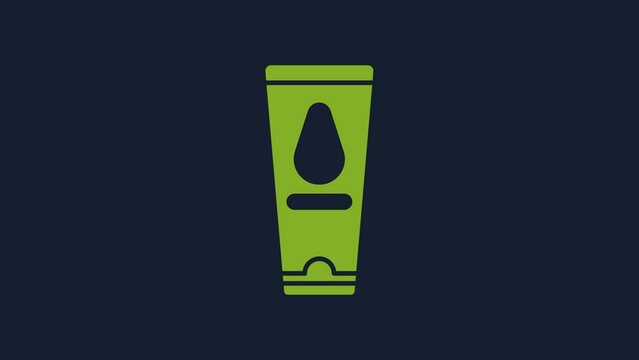 Yellow Personal lubricant icon isolated on blue background. Lubricating gel. Cream for erotic sex games. Tube with package box. 4K Video motion graphic animation