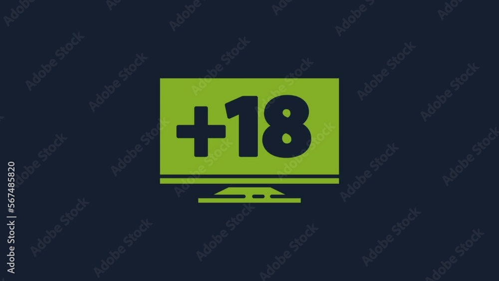 Poster yellow computer monitor with 18 plus content icon isolated on blue background. age restriction symbo
